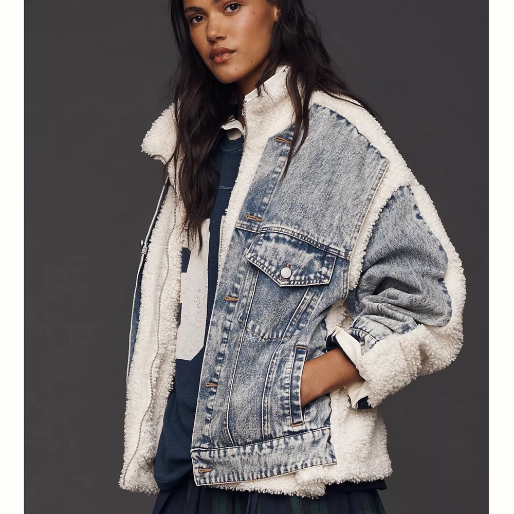 Blank NYC Blue Denim & Cream Sherpa Jean Jacket - Picture 1 of 10
